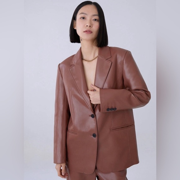 Babaton Smith Soft Vegan Leather Single Breasted Seamed Blazer Brown Black - Picture 8 of 8